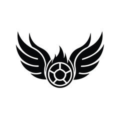 Abstract black and white emblem depicting wings wheel and flames suitable for logo or branding concepts.