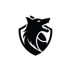 Black and white wolf head silhouette inside shield emblem perfect for logos and branding design