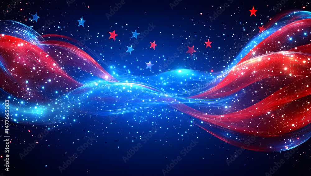 Poster vibrant abstract background featuring dynamic red and blue waves with glowing stars, creating a sens