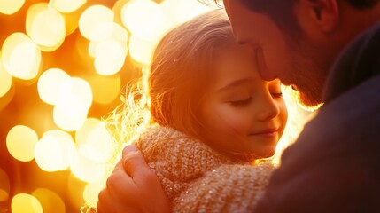 Fototapeta premium Tender Father Daughter Moment in Golden Holiday Lights