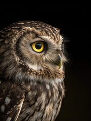 Fototapeta premium Captivating owl with bright eyes surrounded by soft feathers in low light setting