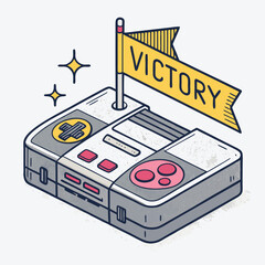 Retro 8-bit game console triumphantly holding a victory banner, pixel art style, vibrant colors, celebratory scene.