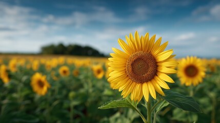 Fototapeta premium vibrant sunflower field under a clear blue sky, golden sunlight, soft clouds 