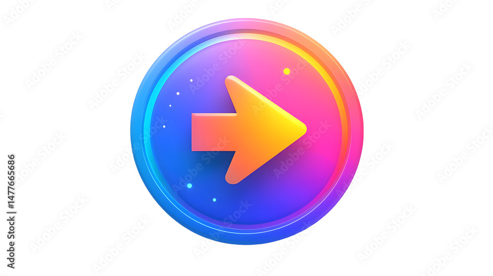 Poster vibrant gradient arrow icon illustrating forward movement in a colorful digital sphere