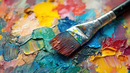 Fototapeta premium A paintbrush with various colors of paint on it, resting on a palette with a mix of colors.
