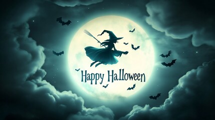 Halloween witch silhouette flying on a moonlit night