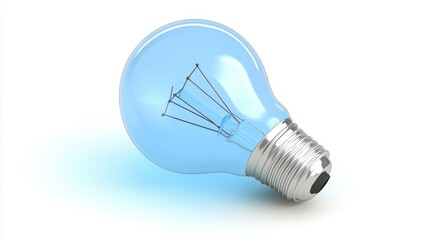 A blue light bulb with a clear glass body and metal base, emitting a soft glow, placed on a white surface with a shadow cast on the ground.