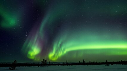 Aurora borealis over a snow covered landscape.