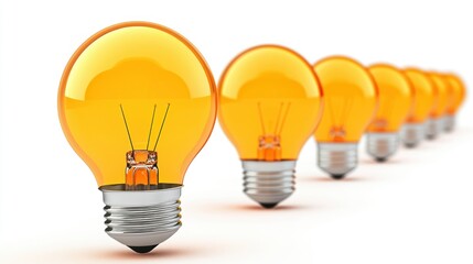 A row of yellow light bulbs in a row on a white background.