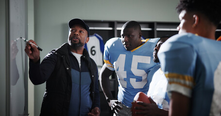 Board, presentation and football with coach and team in locker room for game plan, sports strategy or defense formation. Touchdown tactics, match feedback and discussion with people and advice © peopleimages.com