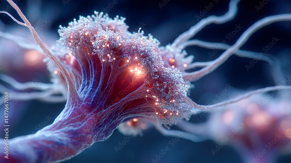 Poster abstract close-up of glowing neural connections resembling synapses in a digital brain