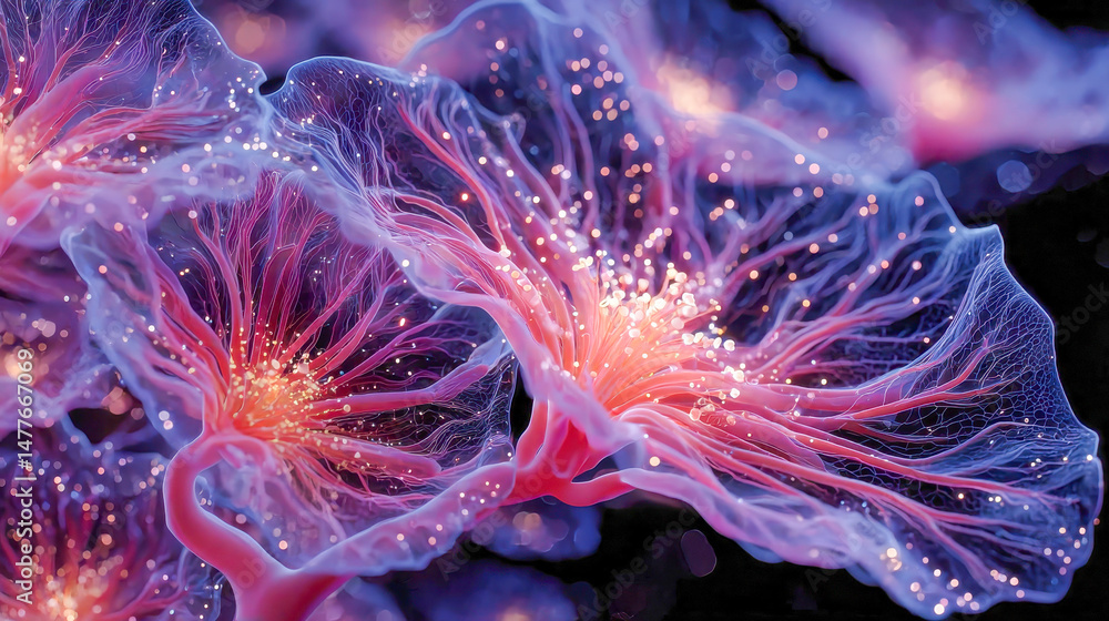 Poster abstract glowing purple and pink neural structures illuminated with delicate light particles in a di