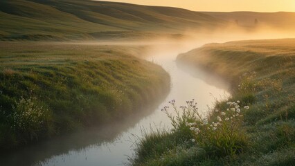 Misty river flowing through grassy hills at sunrise