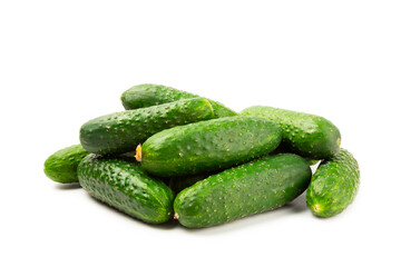 Cucumber isolated on white background. Slice of cucumber on white background. Fresh organic green cucumbers. Vegan. Ingredient for salad. Farm vegetables.