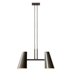 A silver lamp with two light bulbs hanging from a chain