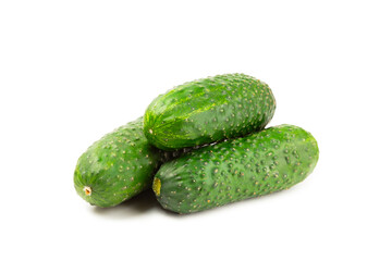 Cucumber isolated on white background. Slice of cucumber on white background. Fresh organic green cucumbers. Vegan. Ingredient for salad. Farm vegetables.
