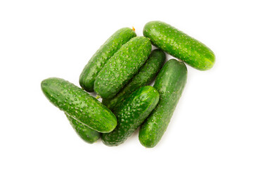 Cucumber isolated on white background. Slice of cucumber on white background. Fresh organic green cucumbers. Vegan. Ingredient for salad. Farm vegetables.