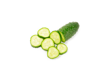 Cucumber isolated on white background. Slice of cucumber on white background. Fresh organic green cucumbers. Vegan. Ingredient for salad. Farm vegetables.
