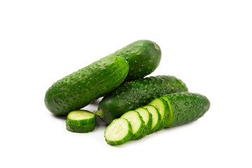 Cucumber isolated on white background. Slice of cucumber on white background. Fresh organic green cucumbers. Vegan. Ingredient for salad. Farm vegetables.