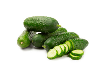 Cucumber isolated on white background. Slice of cucumber on white background. Fresh organic green cucumbers. Vegan. Ingredient for salad. Farm vegetables.