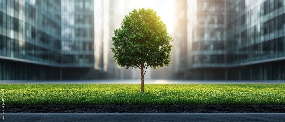 Aufkleber single tree grows in a green urban space with modern architecture and sunlight in the background.