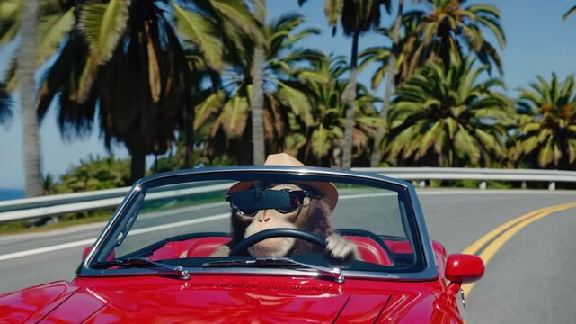 Playful monkey sporting sunglasses, hat, cruising red convertible alongside swaying palm trees under bright sunlight