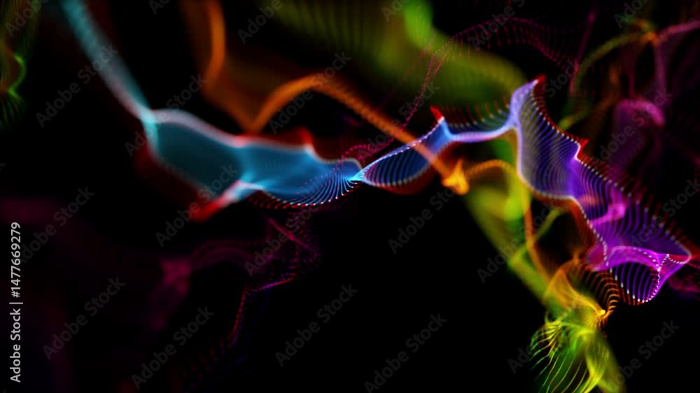 Poster fantastic video animation with particle wave object in slow motion, 4096x2304 loop 4k
