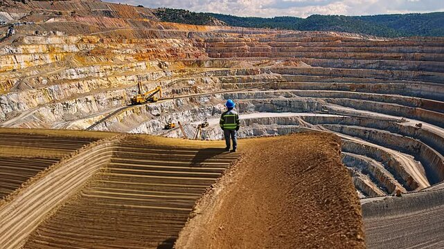 A man stands on a hill overlooking a large open pit mine