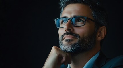 Fototapeta premium Portrait of thoughtful man with glasses looking up in contemplation and deep thought concept image design