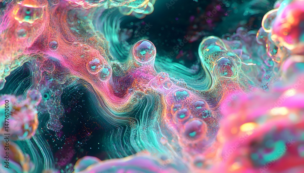Poster abstract swirling forms with iridescent bubbles.