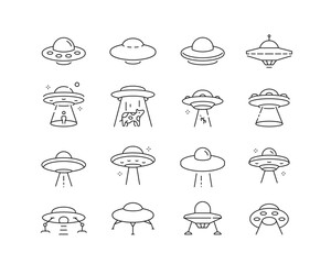 Flying saucers and ufo Icon collection containing 16 editable stroke icons. Perfect for logos, stats and infographics. Edit the thickness of the line in Adobe Illustrator (or any vector capable app). © Borderline Artistic
