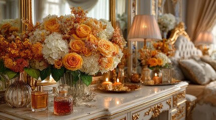 Luxury floral arrangement on antique vanity