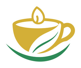 A stylized logo of a golden tea cup with a leaf and a green base arc on a white background view