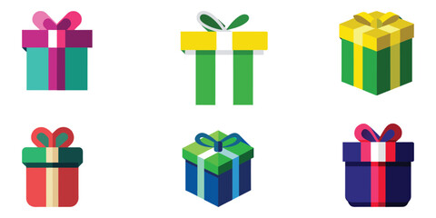 Collection of colorful gift boxes with ribbons and bows in various shapes and sizes on a white background. Celebration and surprise concept. Vector illustration