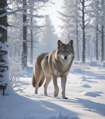 Obraz premium Lone Eurasian wolf, deep snowdrifts, frosty trees, lone, predator, Eurasian wolf