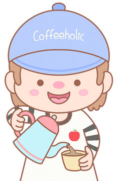 Cute Cartoon Barista Boy Pouring Hot Coffee