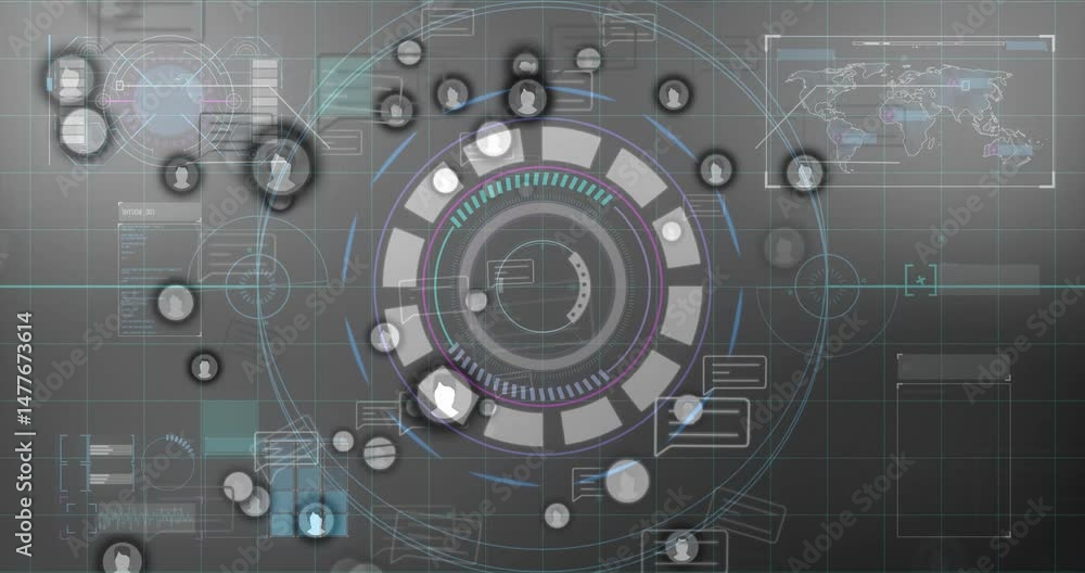 Poster central circular hud display rotating in scene, showing floating avatar icons and data panels
