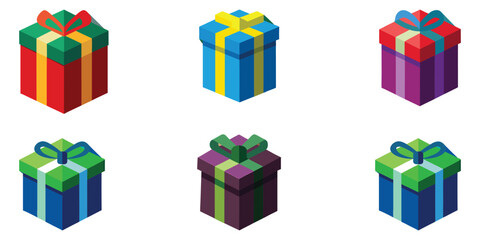 Set of different gift boxes in festive wrapping paper. Christmas Present with ribbon bow, pinecone, candy cane, winter decorations. Flat vector illustration isolated