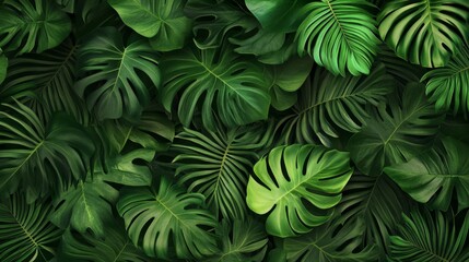 Vibrant dense tropical green leaves pattern lush jungle digital art natural environment top view ideal for design