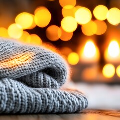 A cozy gray knitted sweater lies softly on a wooden surface, illuminated by warm, glowing lights in the background, creating a comforting atmosphere perfect for winter-themed projects,
