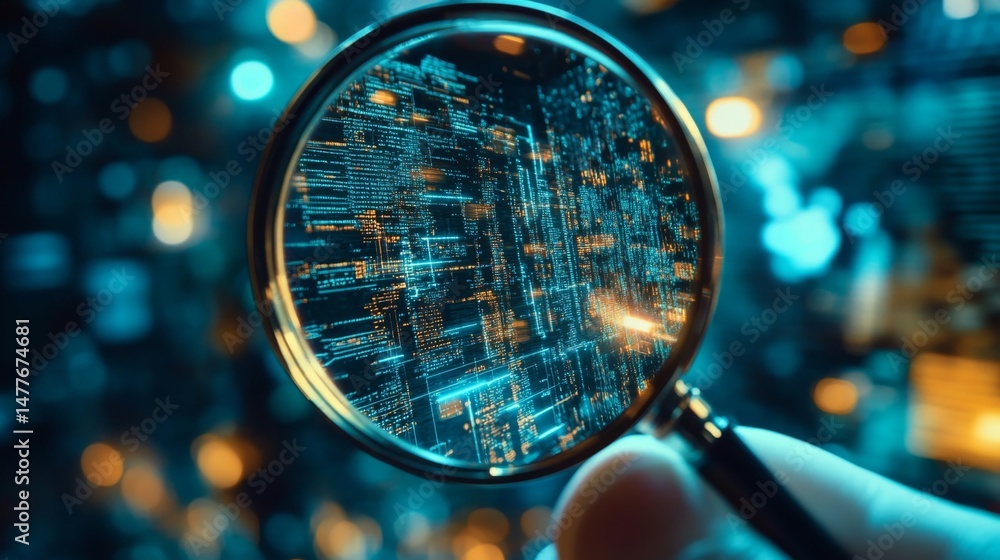 Poster exploring technology through a magnifying glass a detailed view of data in a digital environment