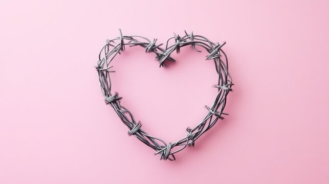 Heart shaped barbed wire frame on a pink background