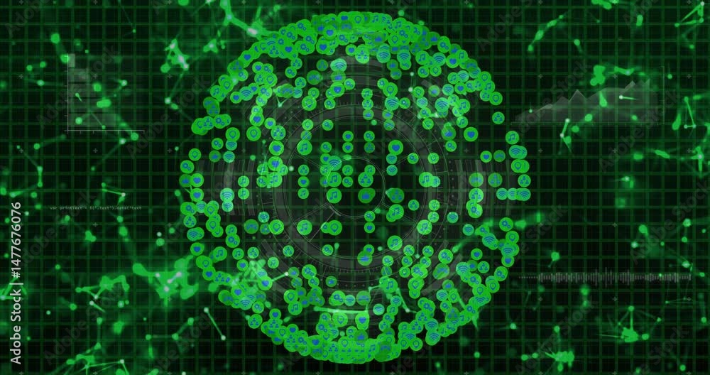 Poster circular cluster of green blue networked icons being rendered over dark grid with glowing hud lines