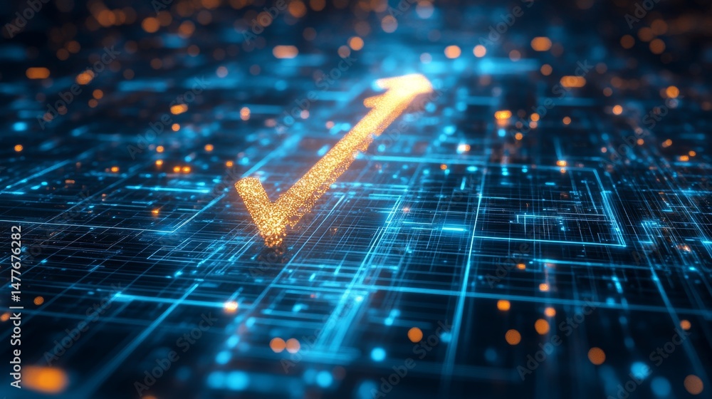 Poster dynamic blue arrow navigating through a complex structure digital environment futuristic design abst