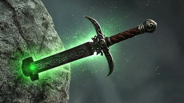 A sword is stuck in a rock with green glowing leaves. The sword is surrounded by a green glow, giving it an otherworldly and mystical appearance