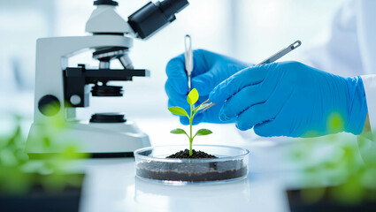 Laboratory Plant Research: Examining Seedlings Under Microscope