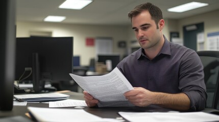 Obraz premium An auditor conducts a thorough examination of financial documents in a modern office setting, showcasing a detailed compliance audit.