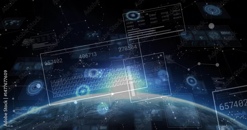 Poster animated illustration showing translucent ui panels floating above earth horizon with data charts