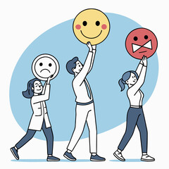 People Holding Emotion Smiley Faces Expressing Positive Neutral And Negative Feedback