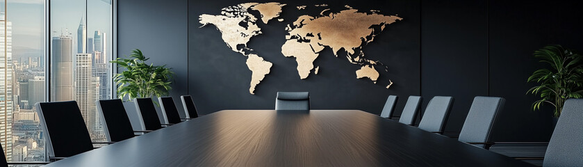 Modern Conference Room with World Map and City View. Generative AI